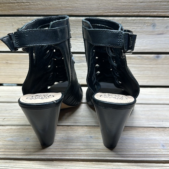 Vince Camuto EMORE Caged Woven Leather Heeled Sandals 8 1/2M / 38 1/2 Black - Picture 4 of 8